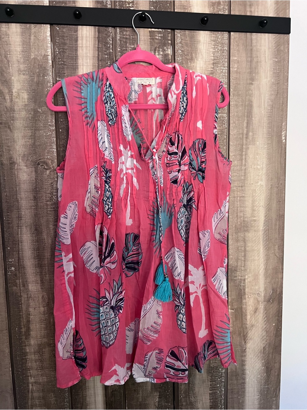 Sleeveless Pink Tropical Print Tunic Top with Tassel Tie, Size L